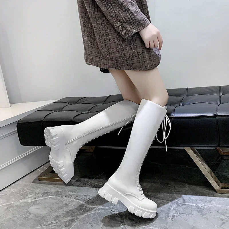 New 2024 Long Boots Women Autumn Winter Fashion Lace-up Ladies Chelsea Zipper Boots Sports Platform Heel women Shoes Botas Mujer