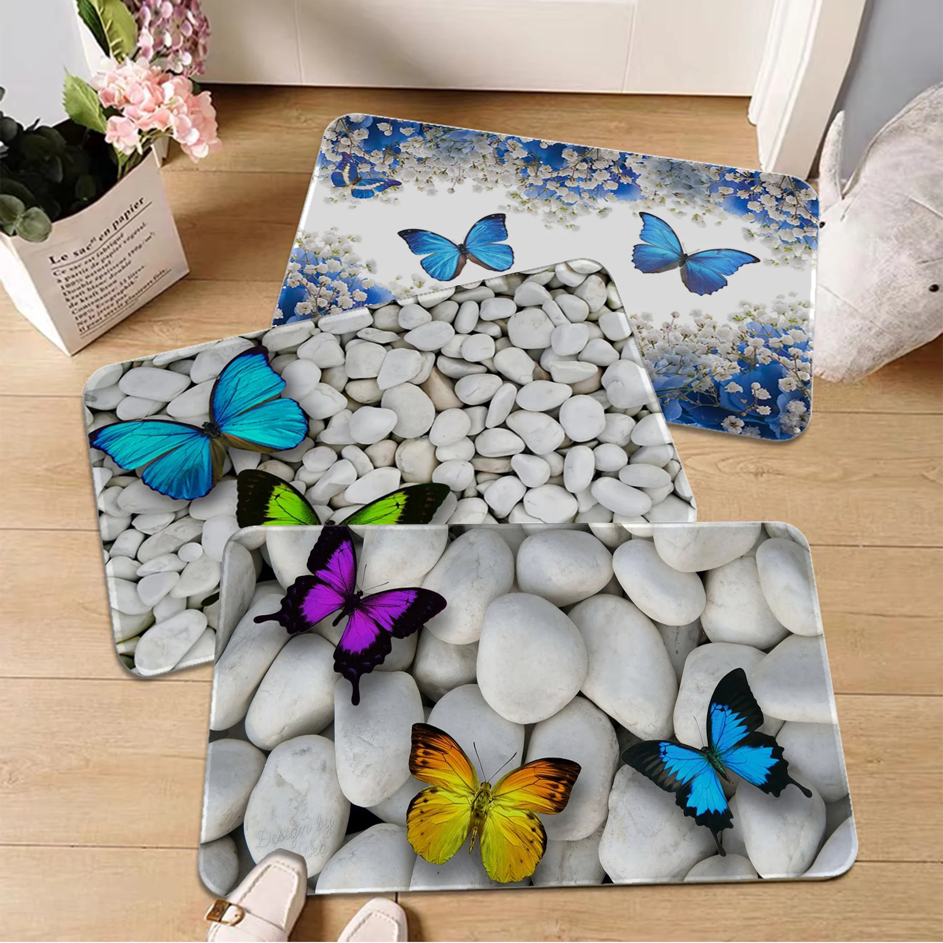 Green Butterfly Art Print Flange Face Floor Mat Home Living Room Kitchen Bathroom Entrance  Decoration Non slip Door 