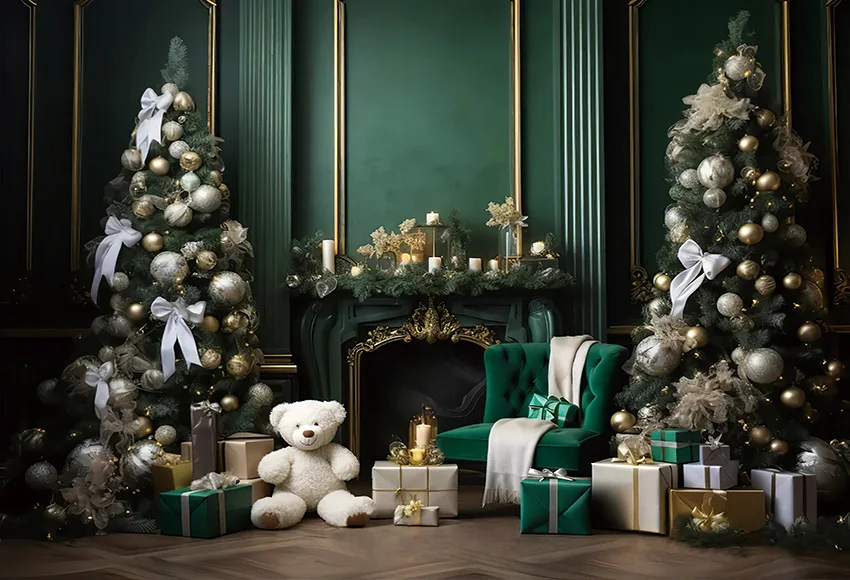 Mehofond Photography Background Winter Christmas Green Fireplace Bear Xmas Tree Kids Family Portrait Decor Backdrop Photo Studio