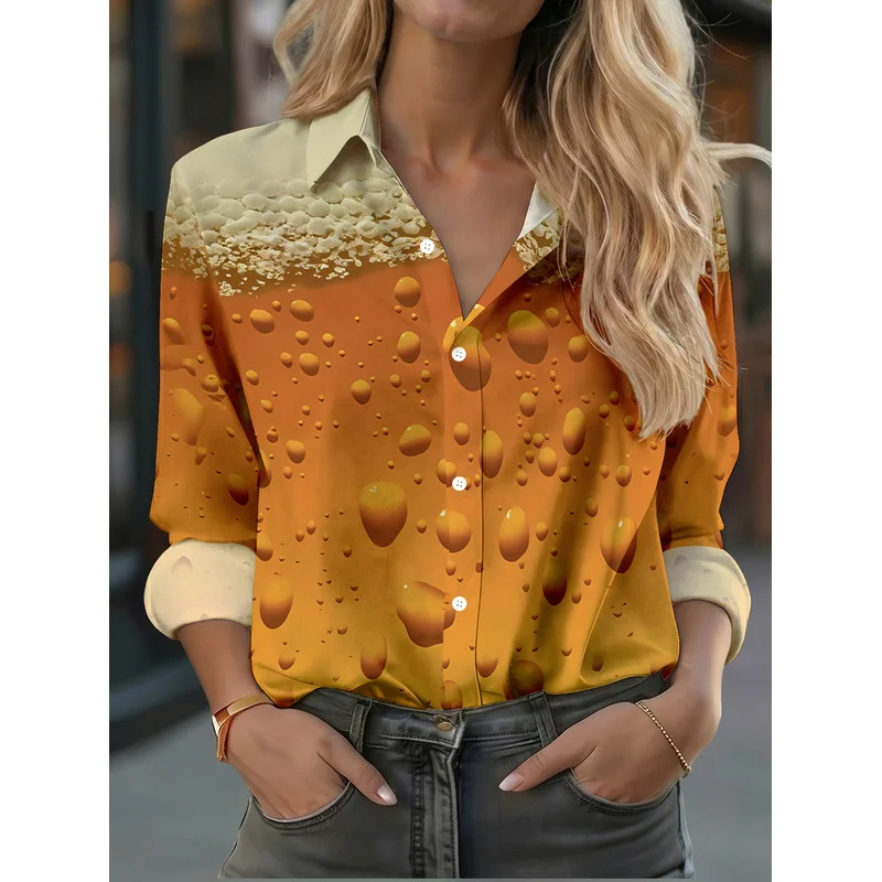 New Women'S Casual Long-Sleeve Shirt with Refreshing Beer Droplets And Dense Foam, Perfect for Holiday Gatherings And Commuting.
