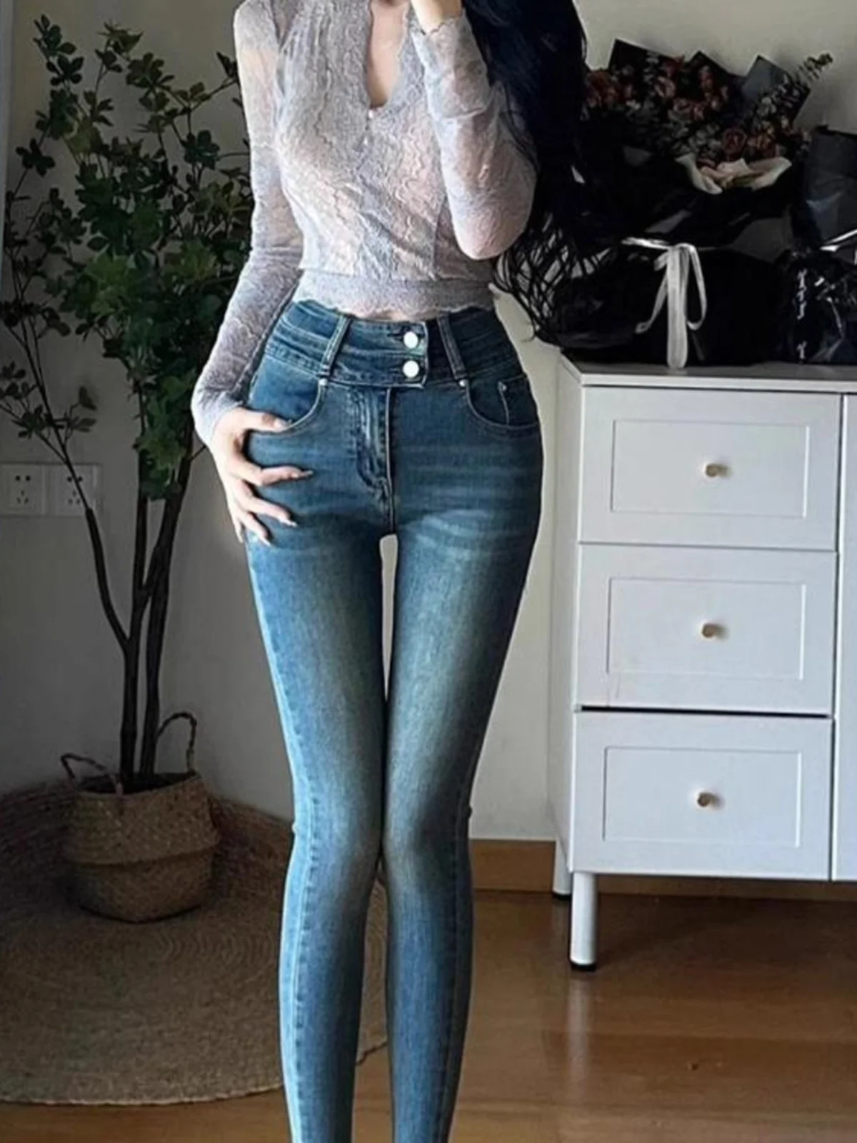 

High Waist Blue Skinny Jeans Women's Autumn New Style Pencil Pants Lift Butt Hip Enlargement Nine Points Tight Jeans