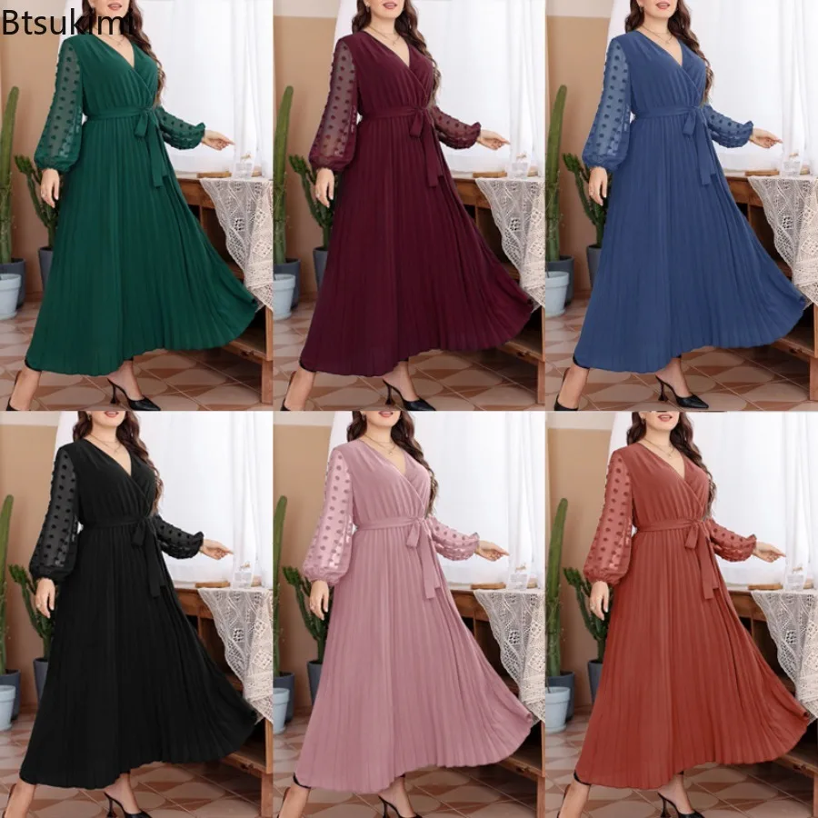 

Women's Colorful Elastic Waist Dress Solid Color Patchwork Polka Dot Sleeves Long Sleeved Dress Lady Made of Cotton Blend Fabric