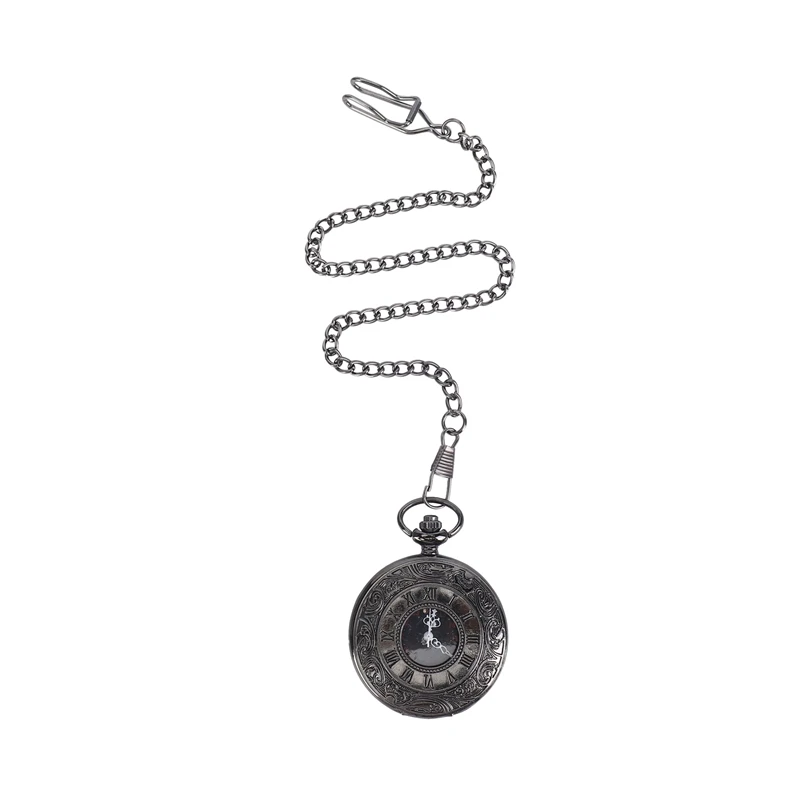 YCYS-Vintage Steampunk Black Roman Numerals Necklace Quartz Pendant Pocket Watch Gift