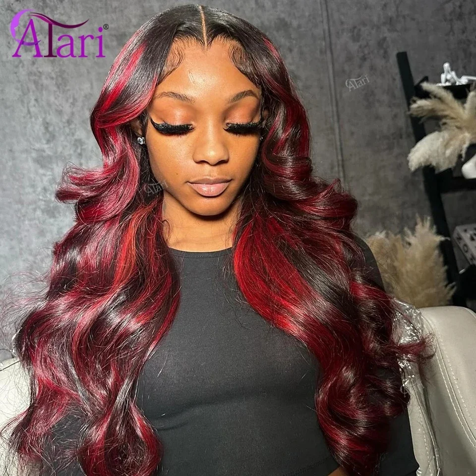 

Highlights Red Human Hair Body Wave Wigs Burgundy with Red 13x4 13x6 Lace Frontal Wig Transparent 5x5 Closure Lace Wig for Women