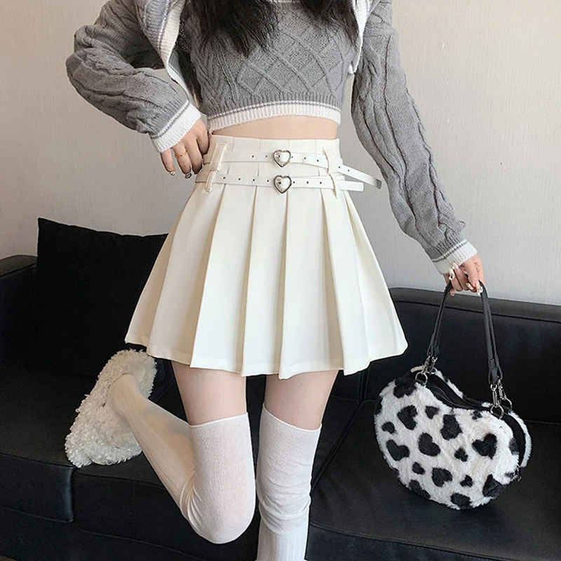 

Gidyq Korean Women Pleated Skirts Casual Female Double Belt Mini Skirt Y2K Elegant Fashion High Waist A Line Skirts Spring New