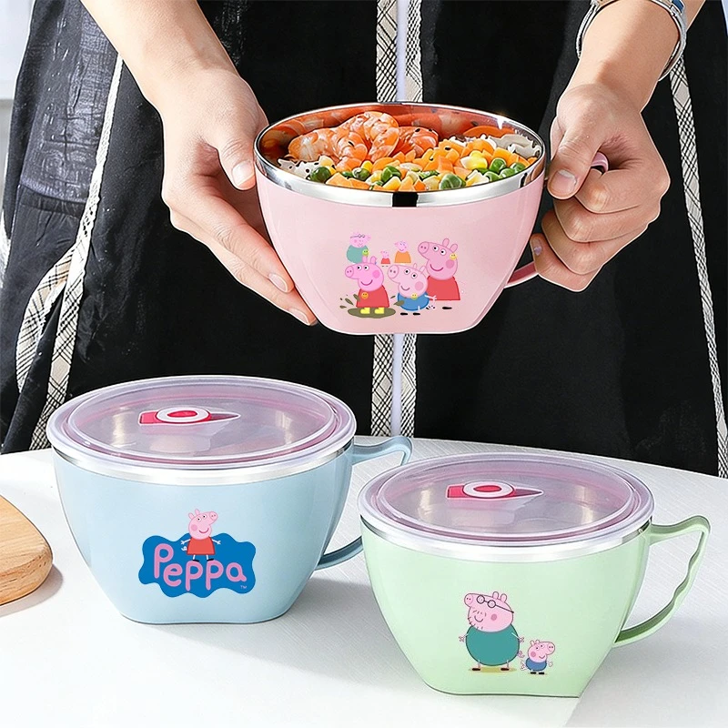 Lonchera Térmica de Acero Inoxidable Peppa Pig, Recipiente para Alimentos Anti-Escaldaduras con Asa, Tazón para Sopa, Tazón para Mezclar Fideos Instantáneos
