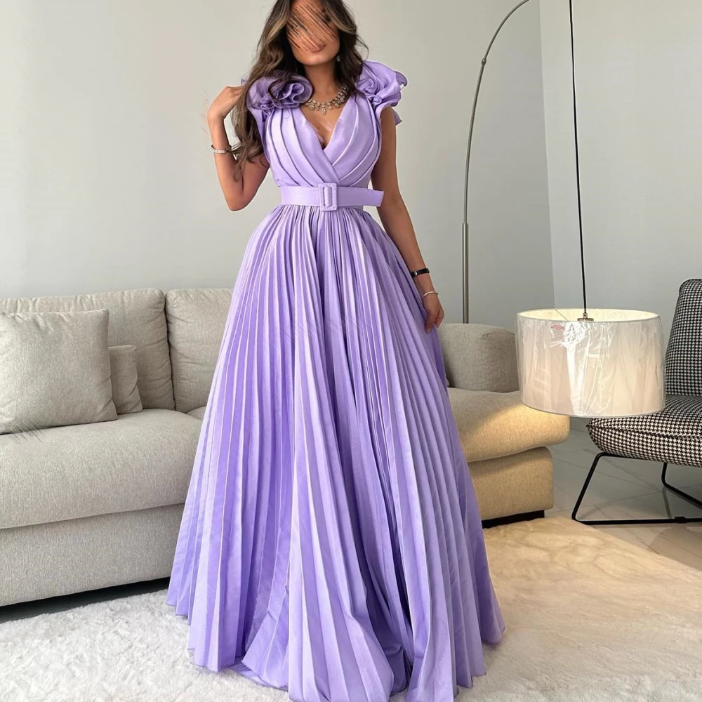 

Carolina V-Neck Flowers A-Line Purple Satin Evening Dresses Women Saudi Arabia Pleated Wedding Guest Elegant Formal Party Gowns