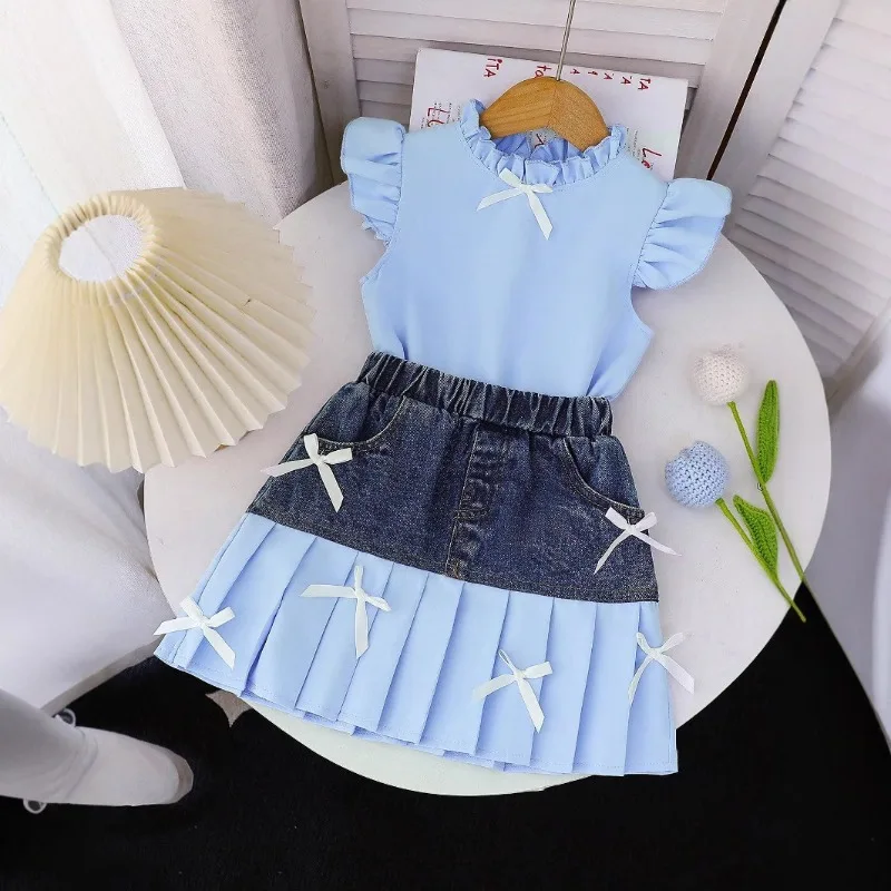 2026 New Spring & Summer Girls' Ruffle Collar Flutter Sleeve Top + Bowknot Denim Splicing Denim Skirt 2-Piece Set