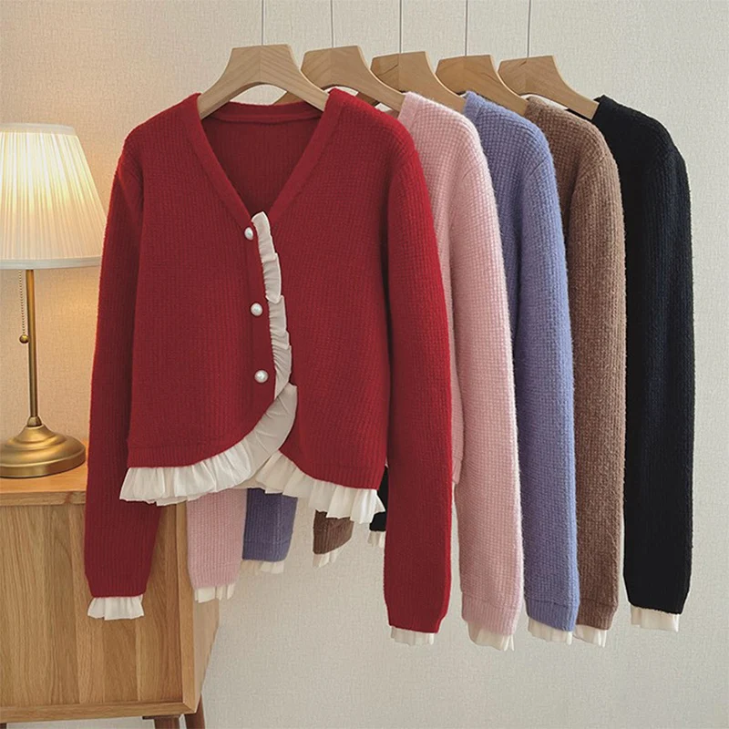 

Women's Elegant Lace Patchwork Cardigan Coat French Pearl Button Short Sweater Cardigan Autumn Fahion Streetwear V-Neck Sweater