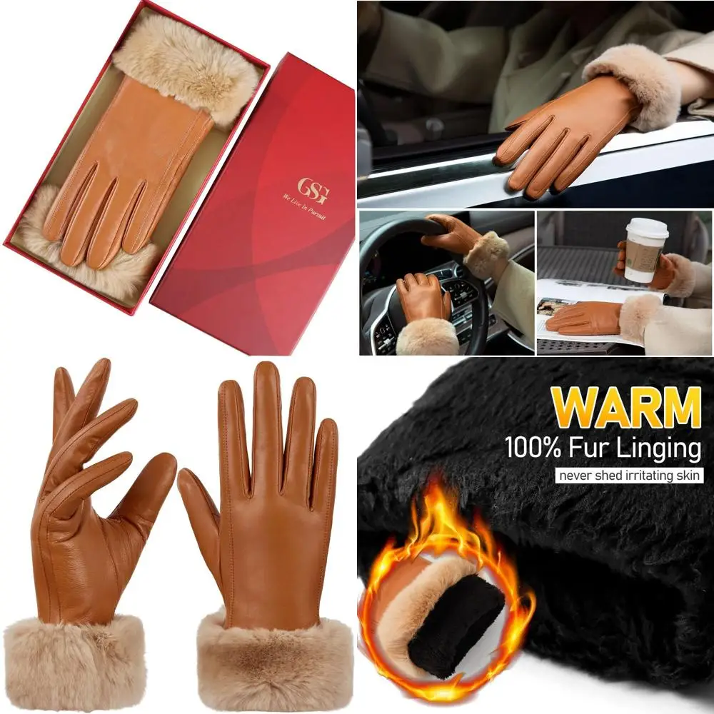 

GSG Women Leather Gloves Rabbit Fur Cuff Touchscreen Warm Winter Driving Gloves Lady Multicolor
