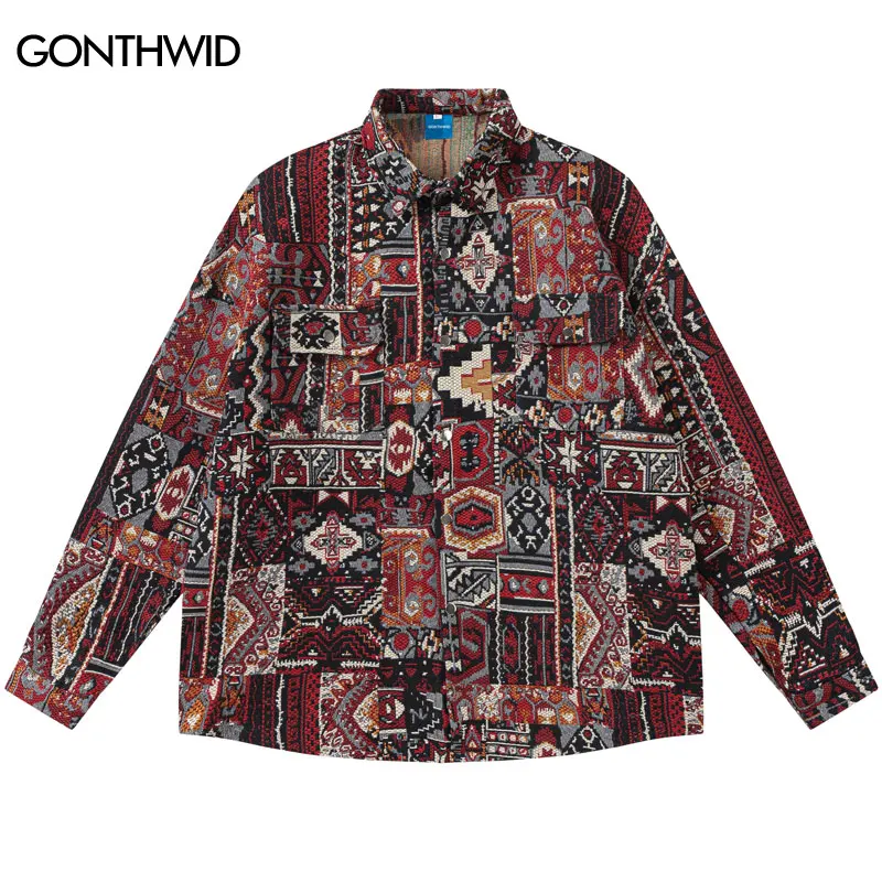 Thick Shirt Coat Y2K Hip Hop Knitted Retro Geometric Patterns Long Sleeve Button Shirts 2023 Vintage Harajuku Fashion Loose Tops