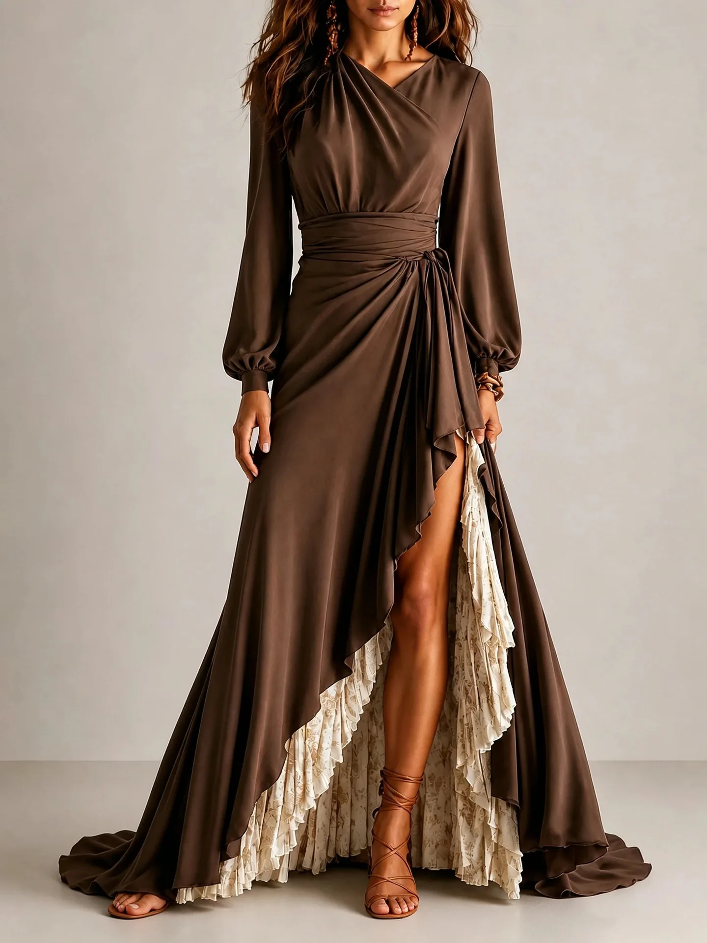XXOWENLI Elegant V-Neck Maxi Long Sleeve Ruffles Layered Evening Gown Elegant Wedding Guest Formal Party Long Dress Vestidos