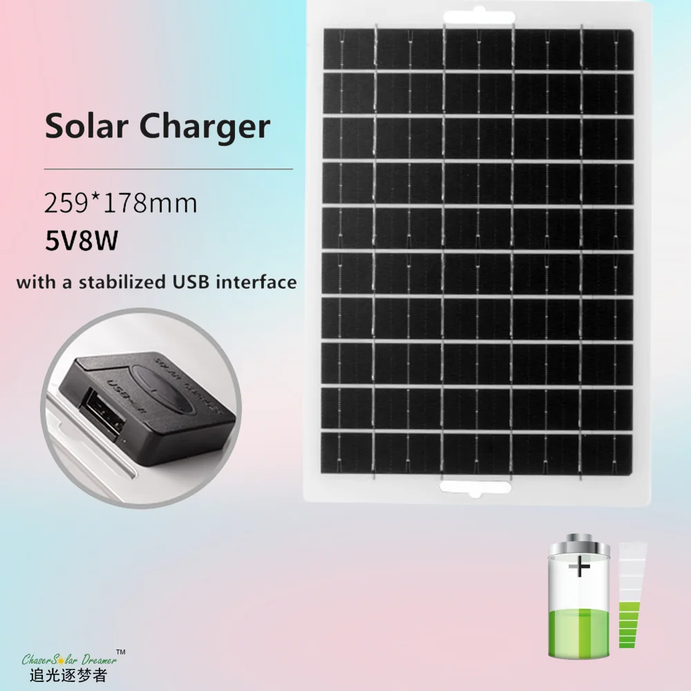 5V 8WSolar Panel USB Waterproof Outdoor Hike Camping Portable Cells Battery Solar Charger Plate for Mobile Phone Power Bank