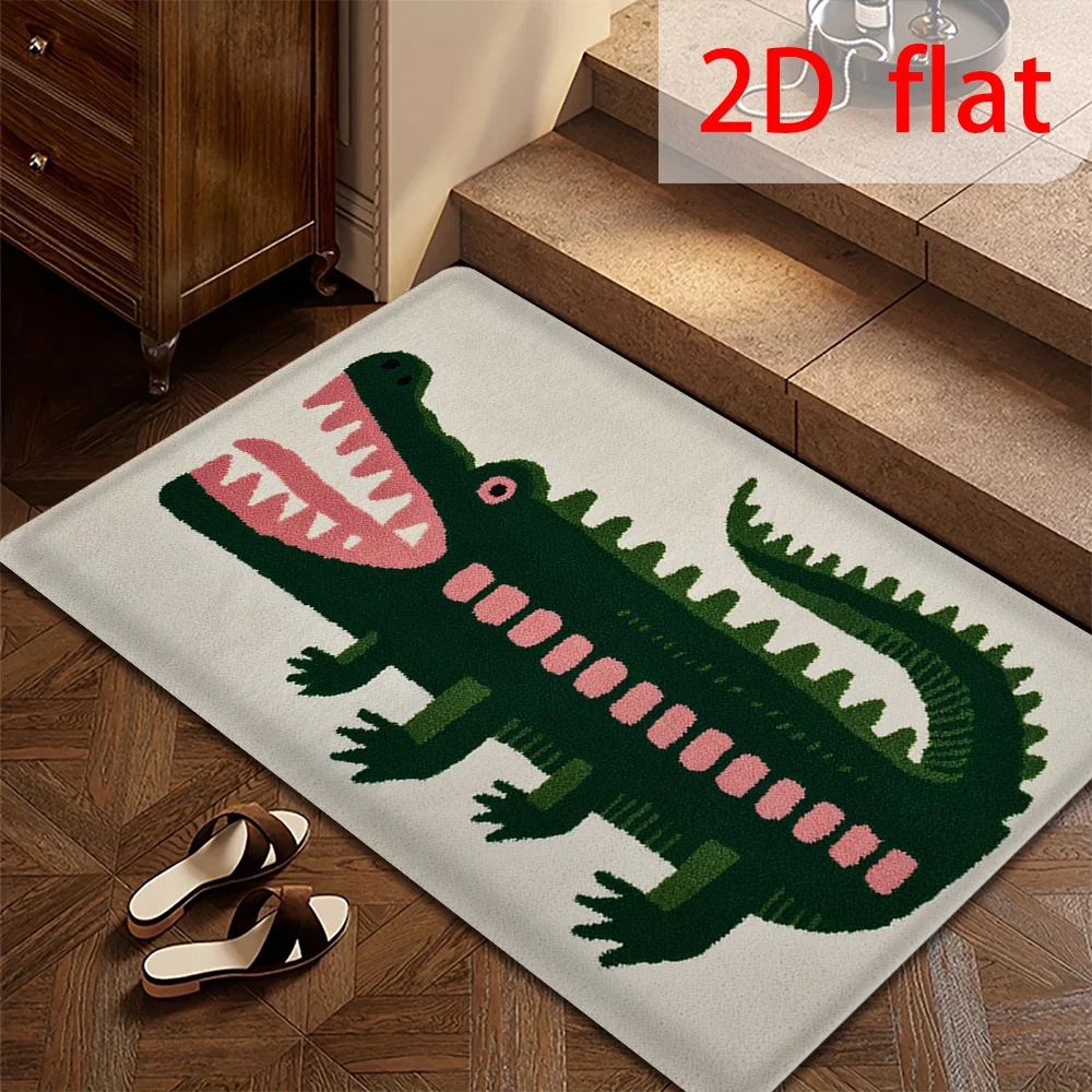 2D Flat Green Crocodile Open Mouth Cartoon Animal Flannel Door Mat Non Slip Funny Kids Rug For Entryway Bathroom Floor Decor