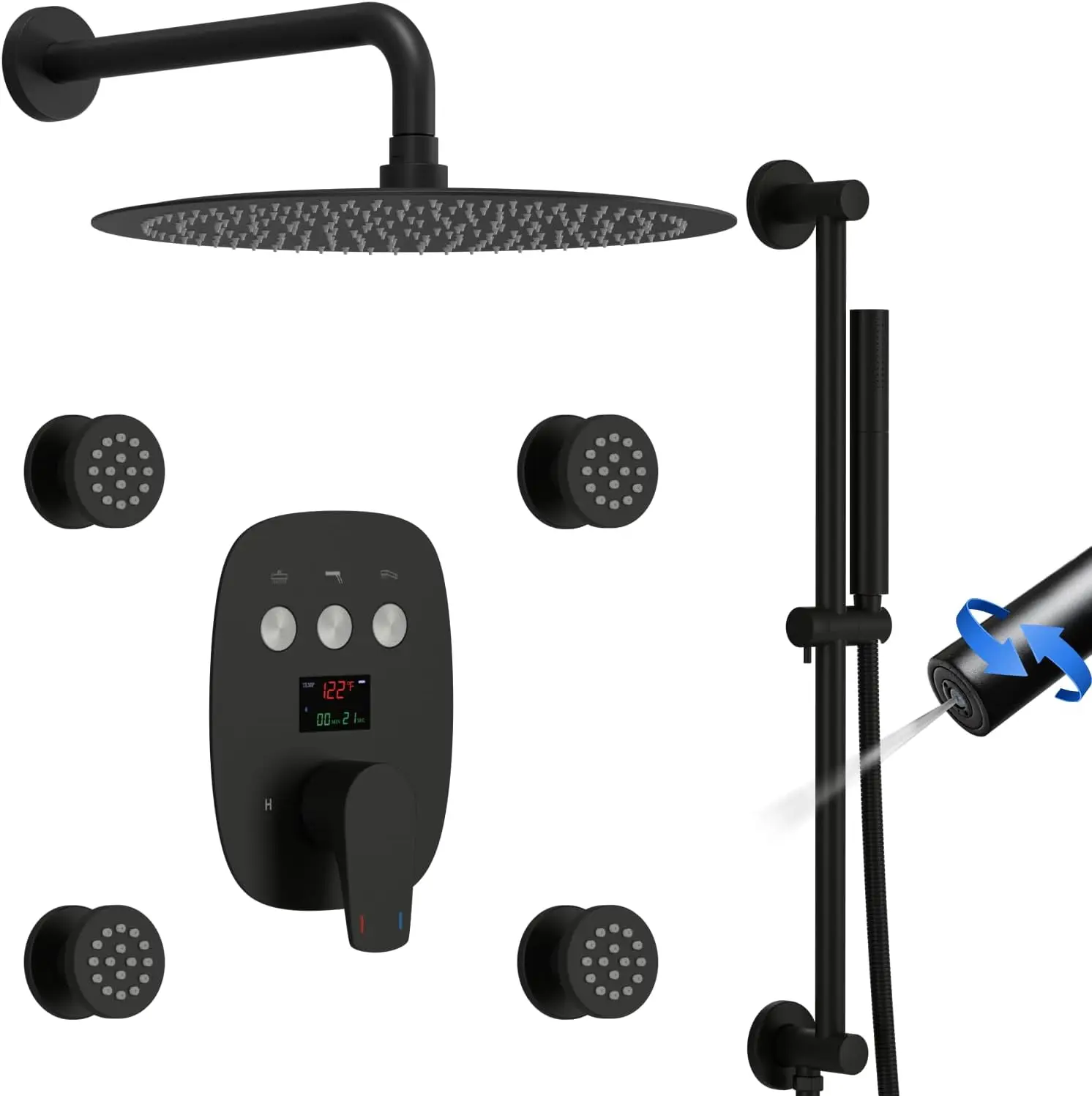 Matte Black  Adjustable  Full Body Shower Faucet Digital Display Rain  Head with 4 PCS  Jets