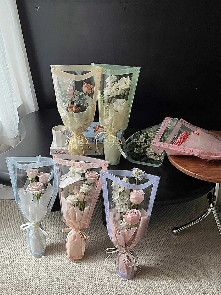 Valentine\'s Day Sweet English Letter Multi Bouquet Bag, Transparent Single Flower Bag, Floral Wrapping Paper, 50pcs