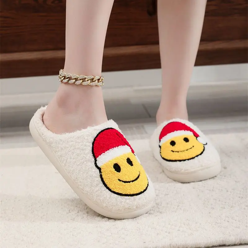 Men's Comfortable Home Cute Cartoon Smiling Face Christmas Hat Christmas Tree Strawberry Cotton Slippers for Men and Women Couples Warm Cotton Slippers - Image 4