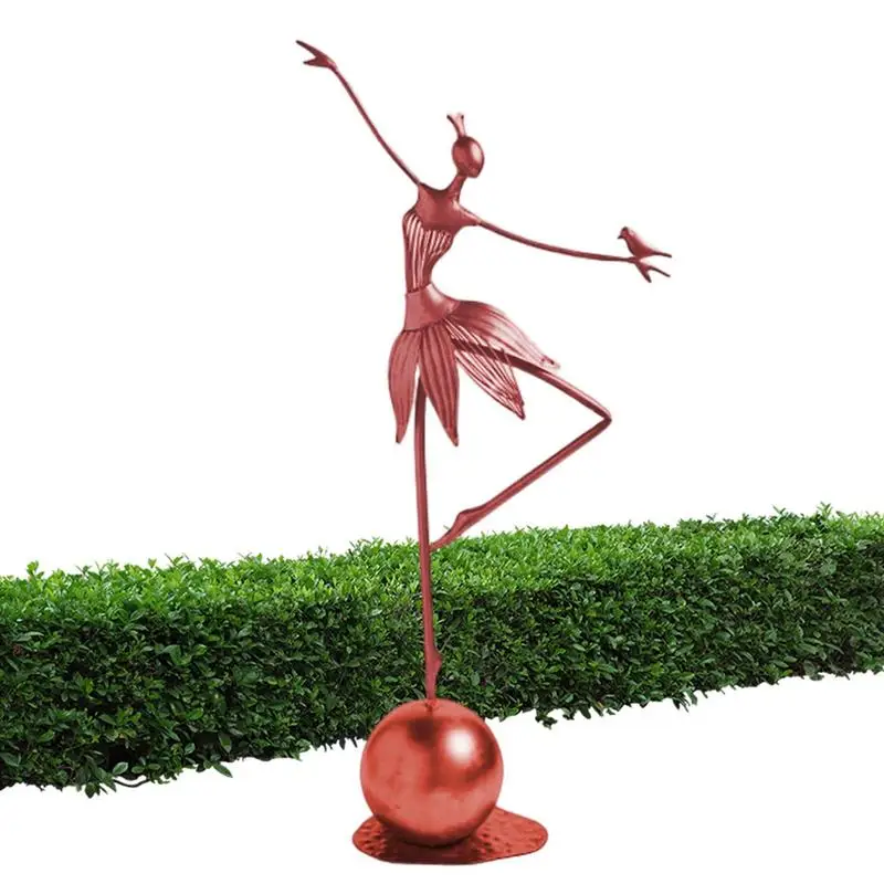 Metal Ballet Girl Sculpture Ornament Can Stand Upright Metal Garden Statues Red Dance Girl Ornaments Crafts