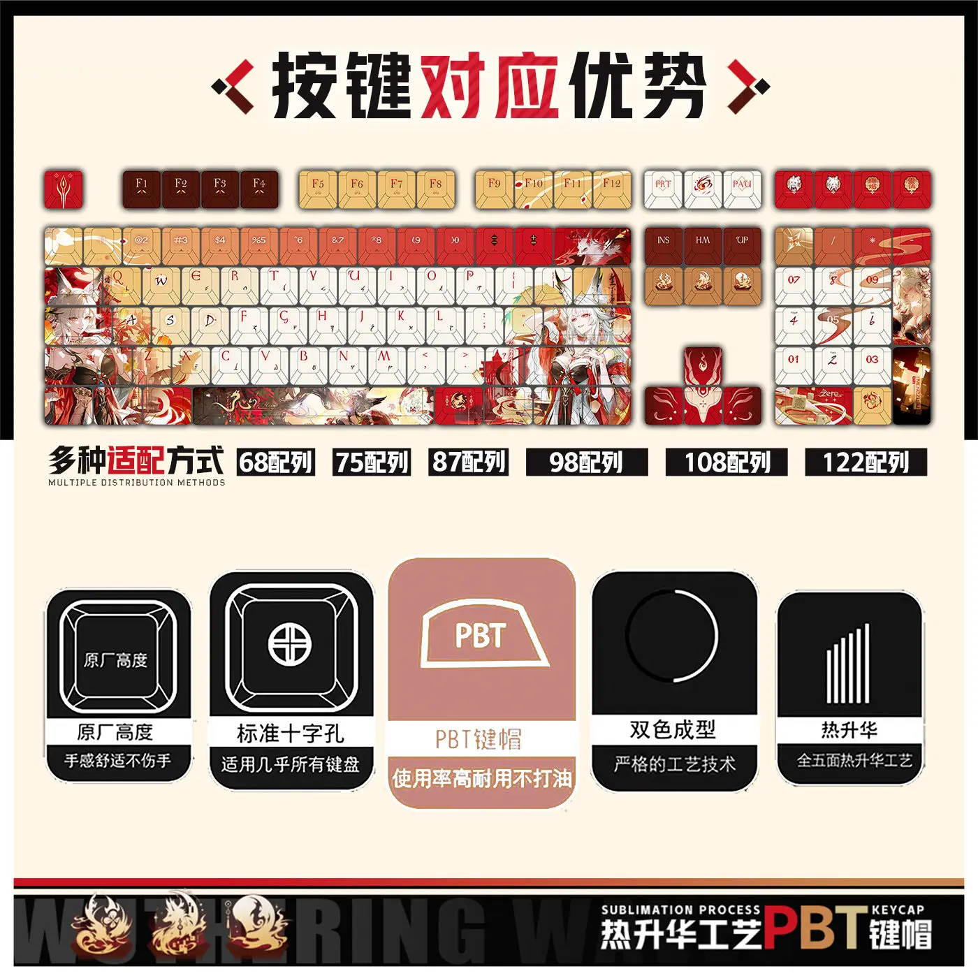 122 KEYS Wuthering Waves Moon Vixen of Heart Keycaps PBT DYE-Sub Cherry Profile Gmae Key Cap for ANSI Made68 Mad68 Wooting 60HE