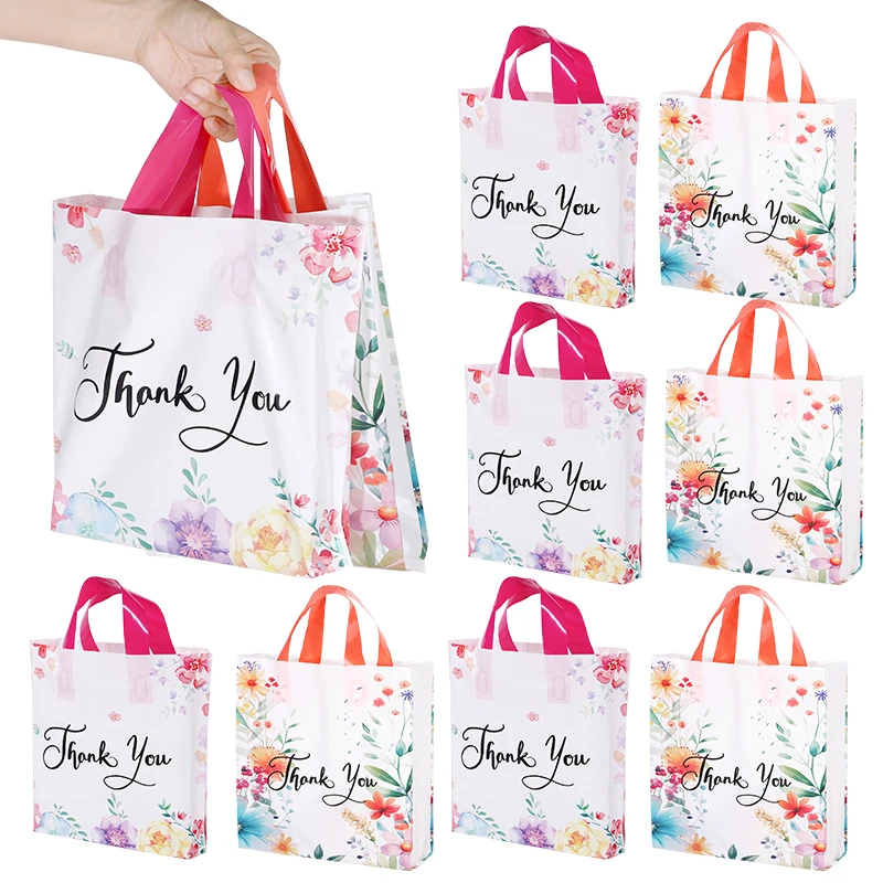 

10pcs Thank You Flower Handheld Plastic Bag Exquisite Gift Packaging Bag Birthday Wedding Anniversary Party Shop Shopping Bag
