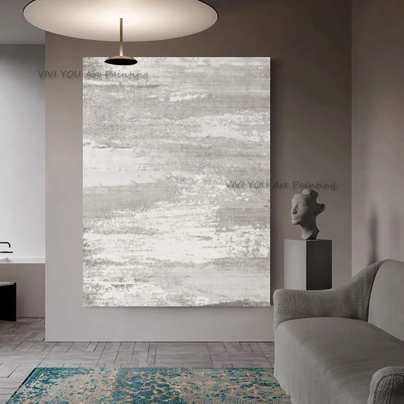 Handpainted Neutral Grey Textured Abstract Oil Painting On Canvas Wall Art Living Room Hotel Entry Decor