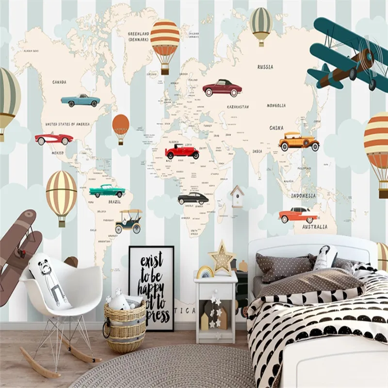 

Custom Modern Children Room Background Mural Wallpaper 3D Cartoon Hot Air Balloons Airplane Cars World Map Wall Paper Home Decor