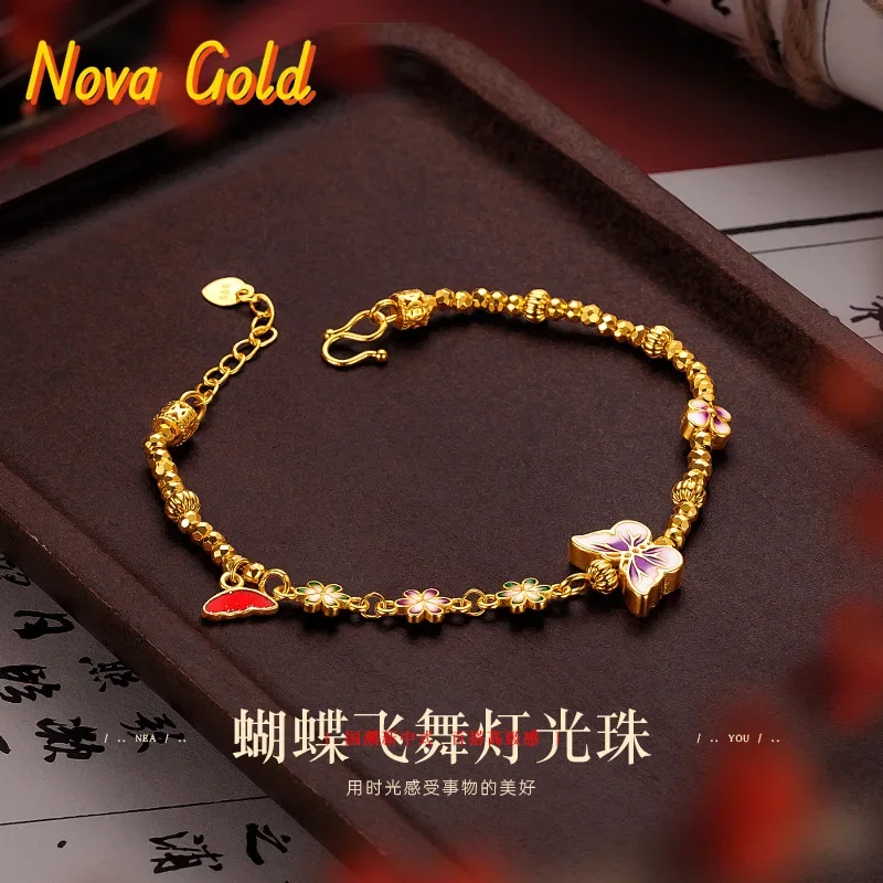 NovaGlod 9999 24K genuine gold design with a fiery blue butterfly flower, light luxury and sparkling bouncing Di bead butterfly