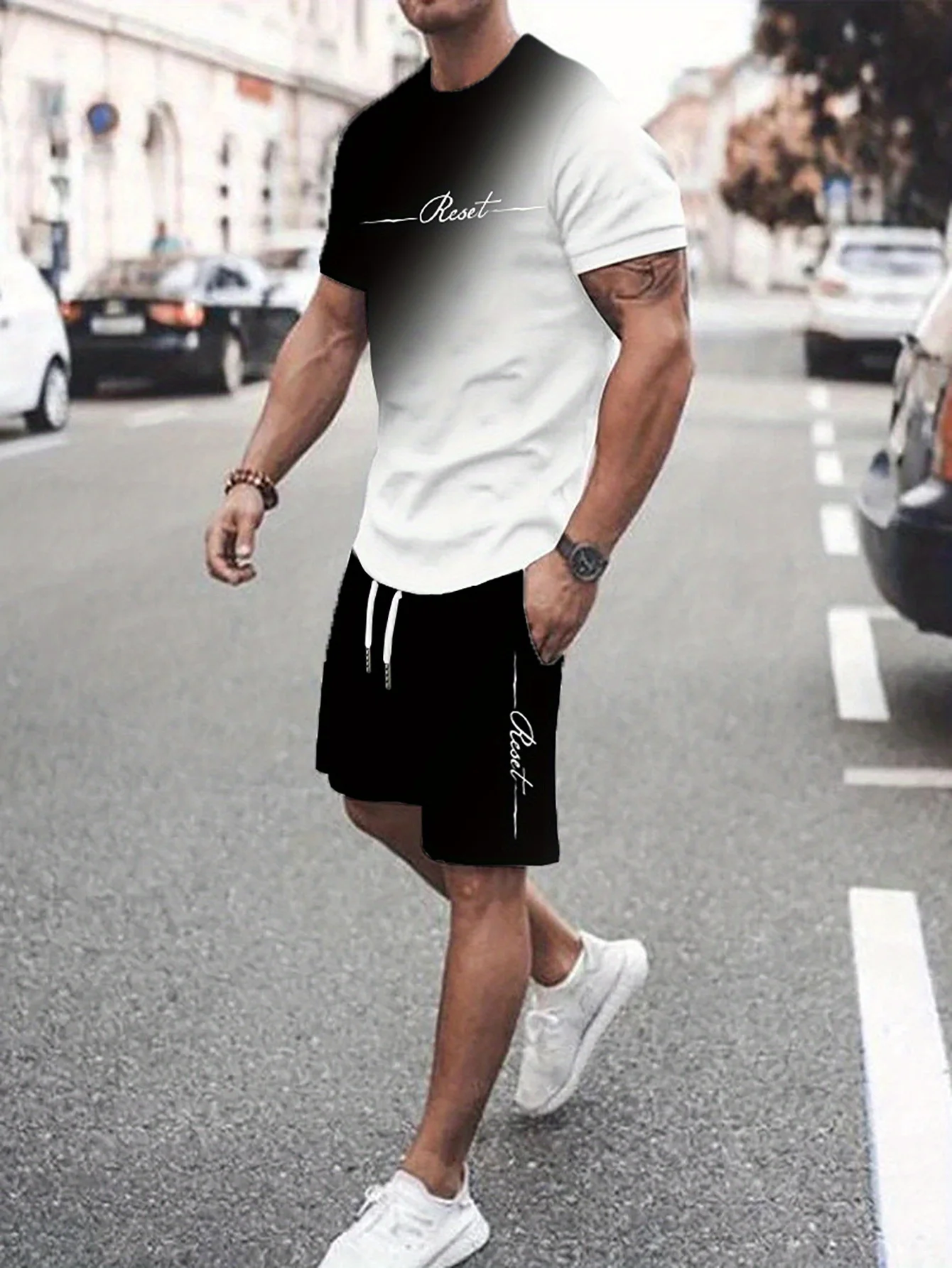 T-shirt da uomo con stampa di lettere a colori sfumati Pantaloncini Set da 2 pezzi T-shirt da uomo casual a maniche corte con tasca laterale Abbigliamento