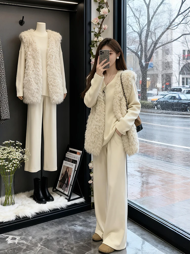 

Korean Style Winter Three-Piece Set plus Size Knitted Top Sheepskin Vest Casual Pants for plus Size Women Warm And Cozy