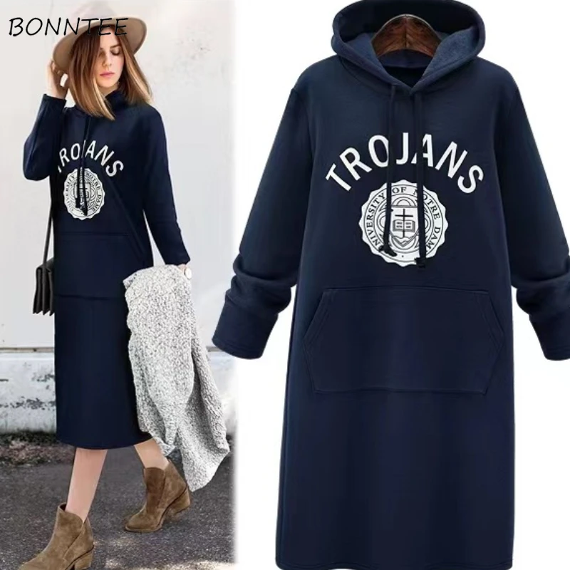 Hooded Dresses Women Loose Casual Slouchy Autumn Winter Hooded Outwear Letter Printed High Street Temper Elegant Aesthetic New