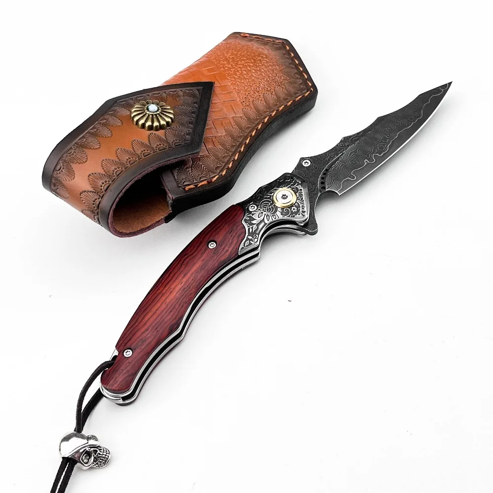 Portable EDC Folding Pocket Knife Damascus Steel Blade Wooden Handle Skull Ornament Multi-purpose Cutting Gift Knife