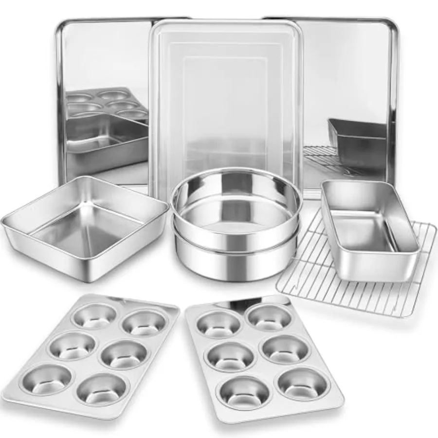 

Bakeware Sets of 11, Stainless Steel Baking Pans Set, Includes Baking Sheets and Rack, Lasagna Pan with Lid, Round/Square Cake