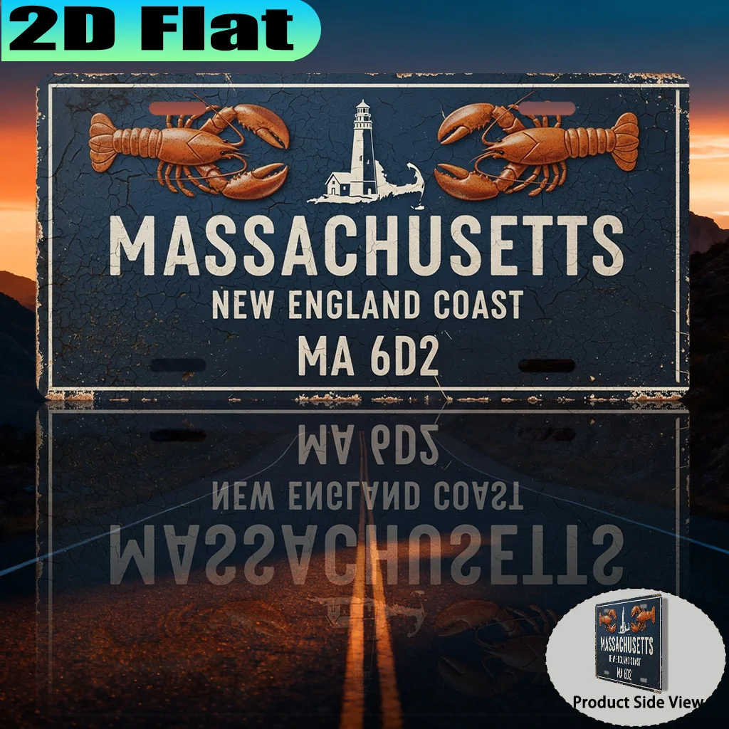 2D Flat, [2D Flat] 1pc, Massachusetts New England Coast Vintage Aluminum Sign (30.48 X 15.24cm), for Decorative Purposes Only, C