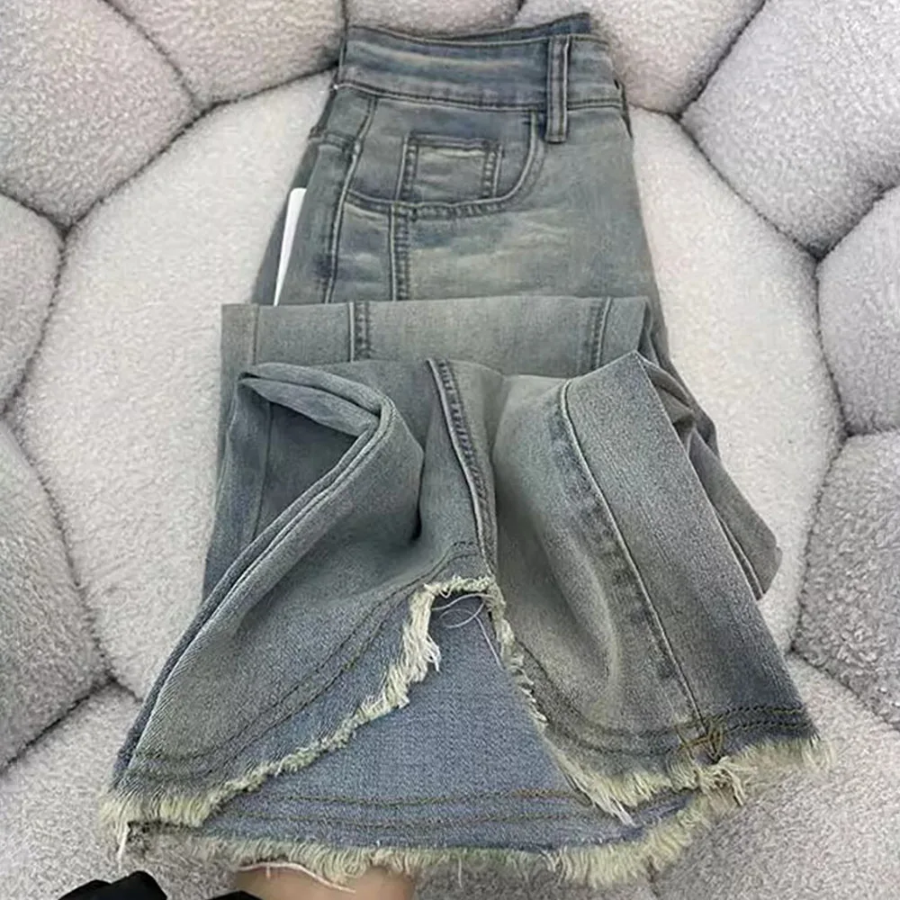 

Синие джинсовые брюки в стиле ретро, женские модные нерегулярные кружевные расклешенные джинсы с кисточками, весенне-осенние узкие джинсы с высокой талией, уличная одежда