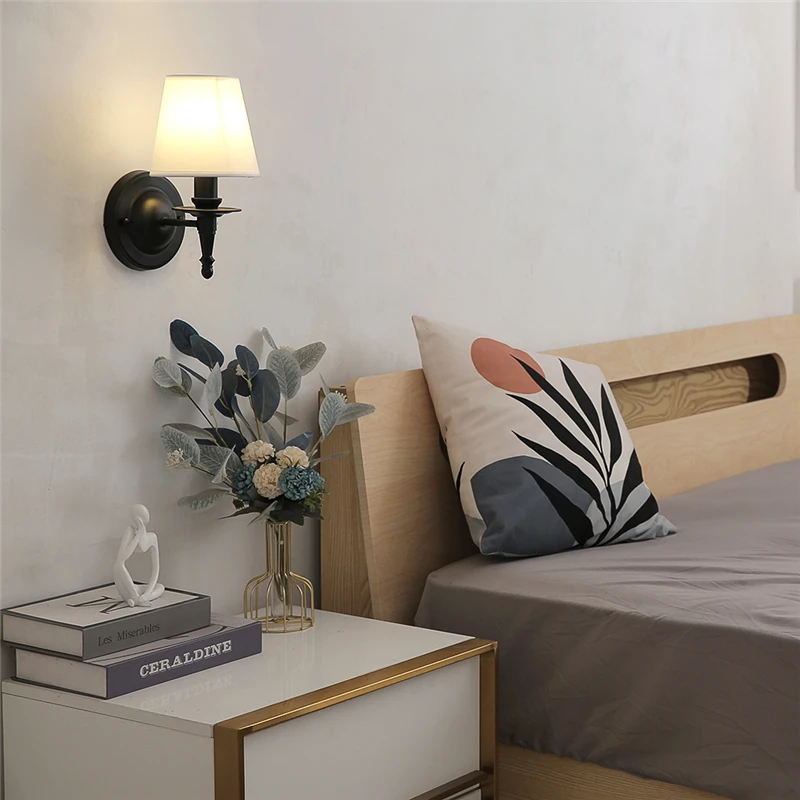 E14 Linen Lampshade Wall Lamps Nordic Hotel Room Bedside Wall Lights Home Decor Living Room Bedroom Lamp Industrial Luminaire