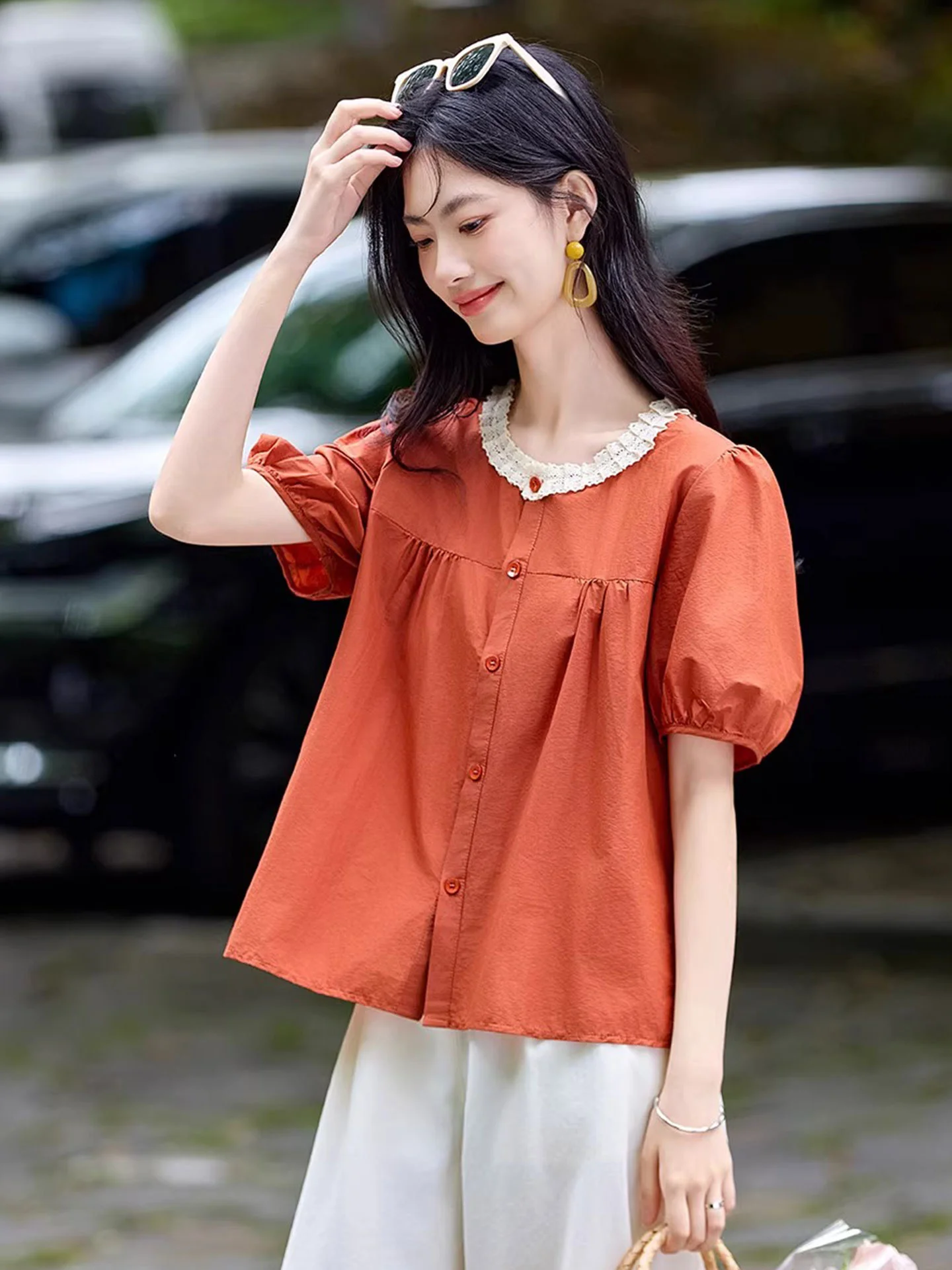 

Ele Lace Splice Single-Button irt Women's Faion Summer Top Ladylike Sle Bubble Sve ort Sve Korean Version