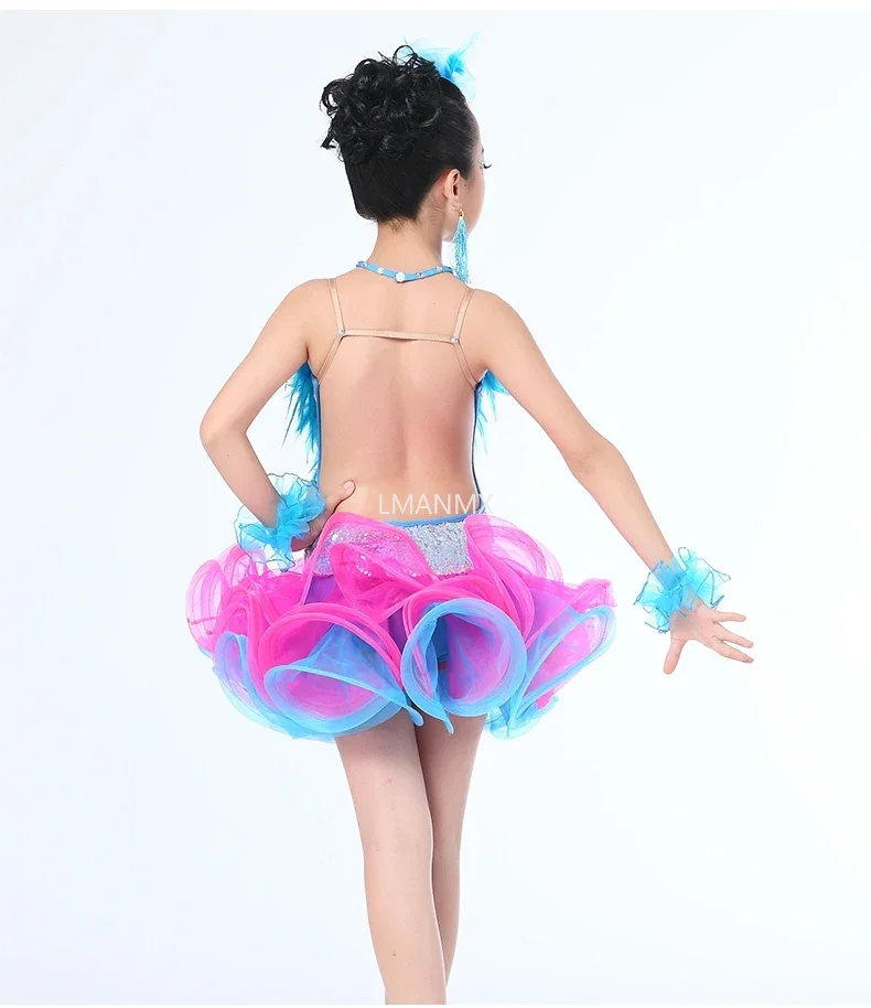 Children Professional Latin Dance Dress for Girls Ballroom Dance Competition Dresses sequin featherNew fringed Latin dance dress