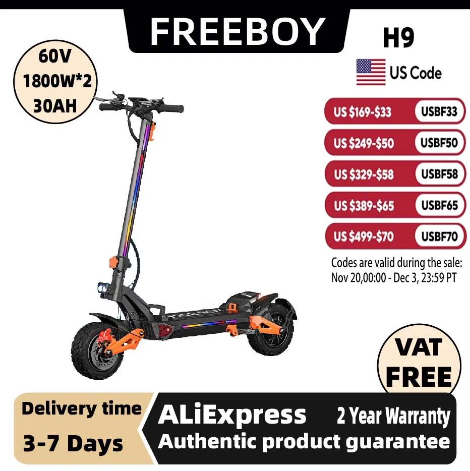 

FREEBOY H9 Adult Electric Scooter 1800W*2 Motor, 60V 30AH Folding E-Scooter 11 Fat Tire E-Mountain Scooter