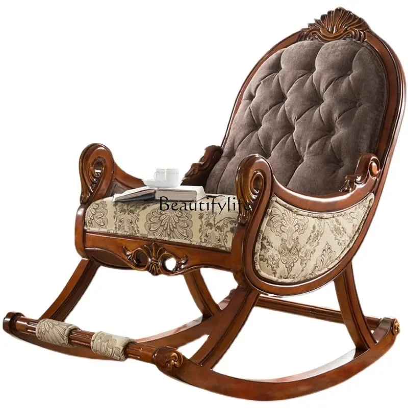 European all-solid wood leather casual American recliner balcony happy chair