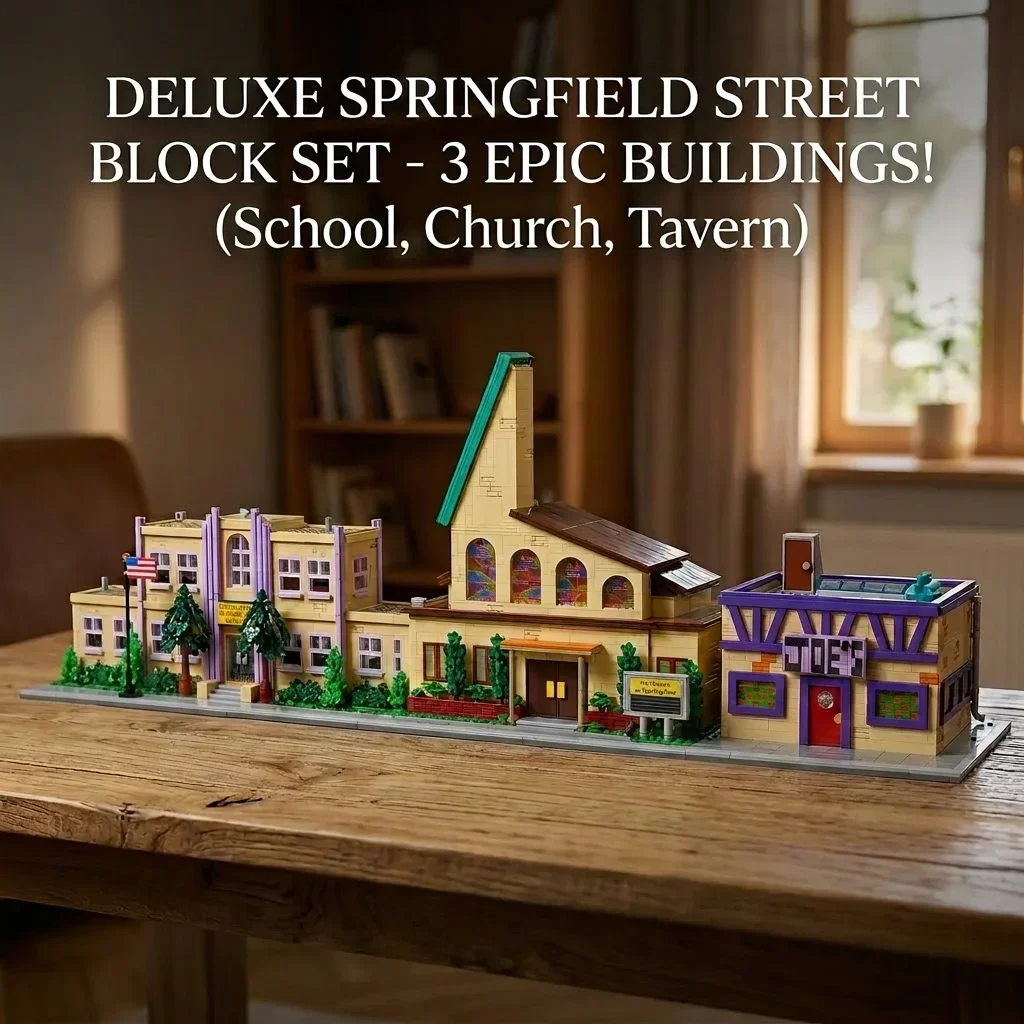 Deluxe Springfield Straßenblock Modulares Bausteinset - 3-in-1 Klassisches Stadt-Konstruktions-Bausteinmodell (Schule, Kirche, Taverne), Aufwändiges DIY-Set mit Buntglas & Taverne-Details, Spielzeug