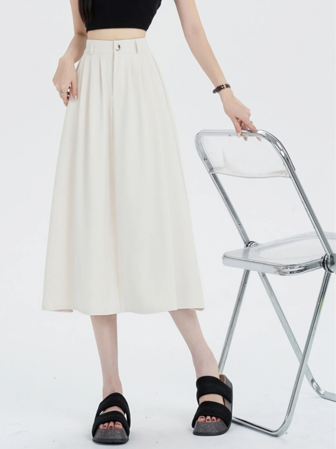 High Waist A-Line Pleated Midi Skirt Women's Summer 2026 plus Size Slimming for Pear Shaped Body Korean Style Commute Friendly