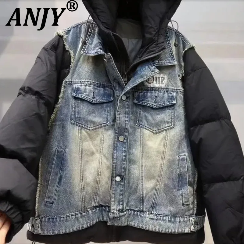 ANJY Autumn Winter New Women European Letters Print Patchwork Padded Coat Fashion Washed Contrast Color Denim Down Jacket A12509