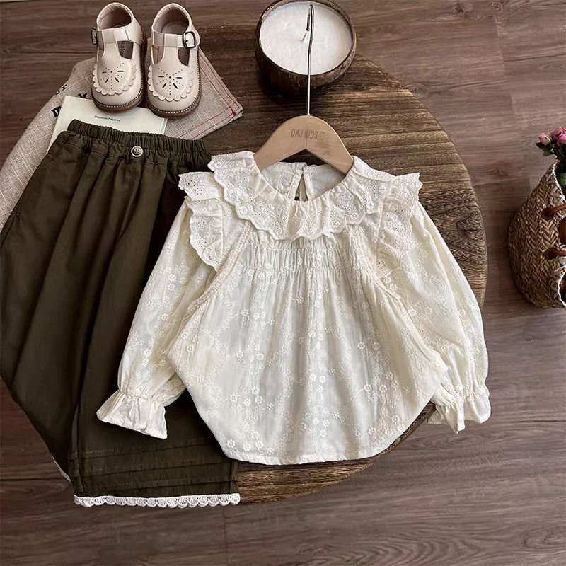 2025 Autumn New Children's Clothing Girls Mori Lace Embroidered Top Extended Pants Two-piece Set Female Treasure Cute Set