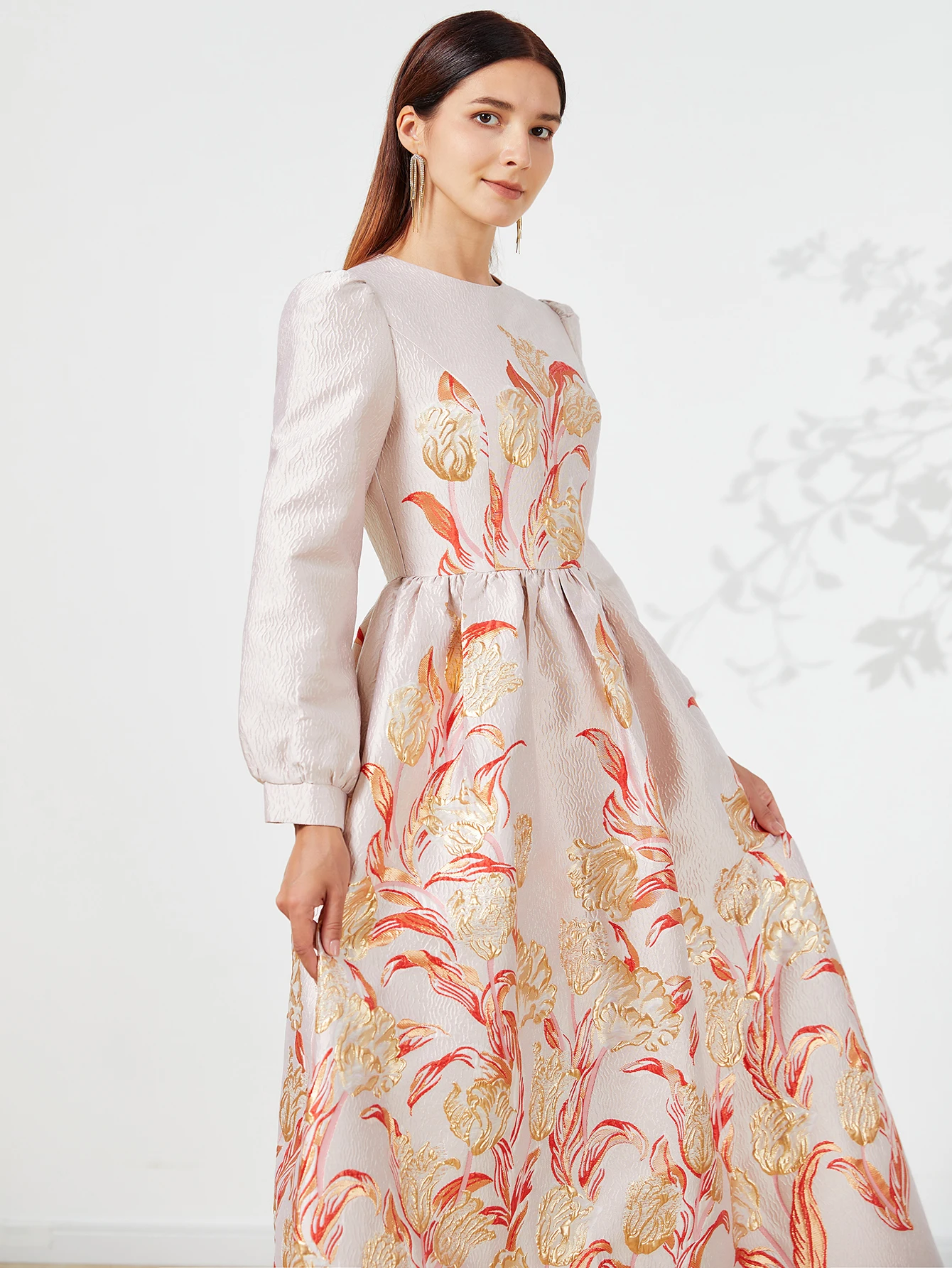 Heavy Industry Jacquard Autumn-Winter New Style Round-neck A-line Orange Gold Floral Elegant Attitude Banquet Dress