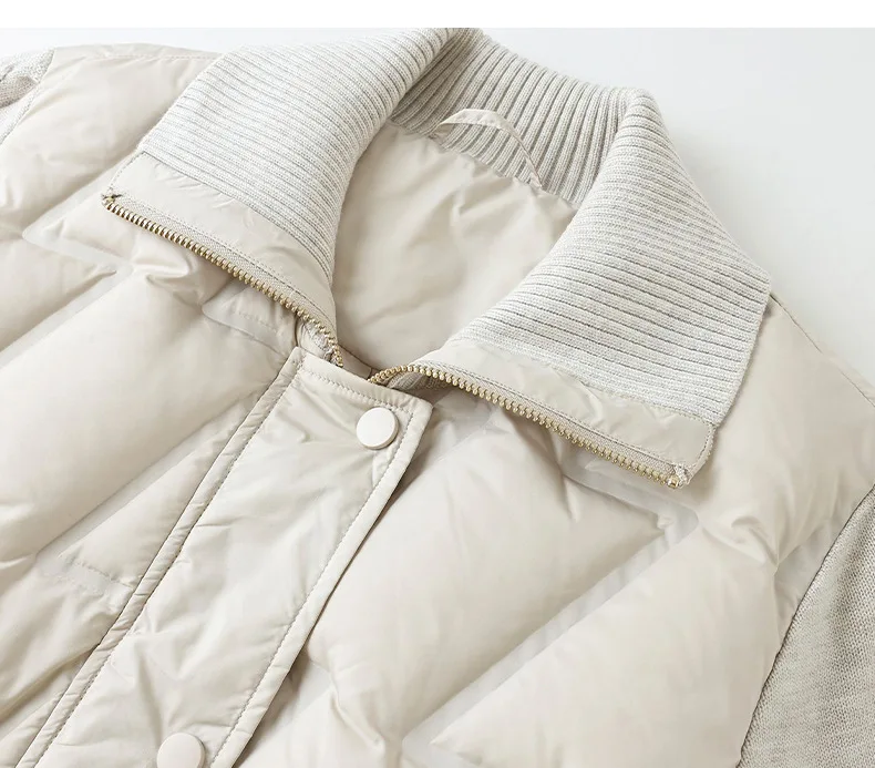 Simple commuting knitted patchwork short down jacket, 2026 winter new style white goose down filled women's down jacket