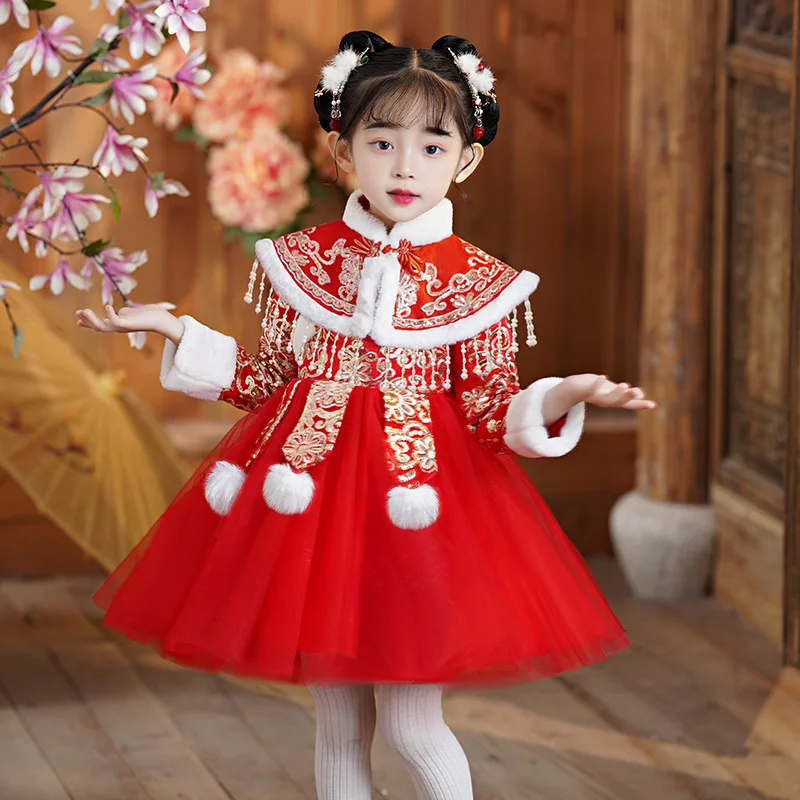 Red Girl Chinese New Year Clothing 2023 New Arrivel Children\'s Hanfu Clothes Ancient Kids Costume Quilted Dress Baby Tang Suit