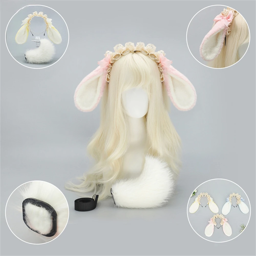 2 Pz/set Lolita Orecchio di Coniglio Hairband KC Orecchio di Coniglio Coda di Coniglio Puntelli Cosplay Arco Orecchio di Coniglio Peluche Copricapi Orecchie di Animali Coda