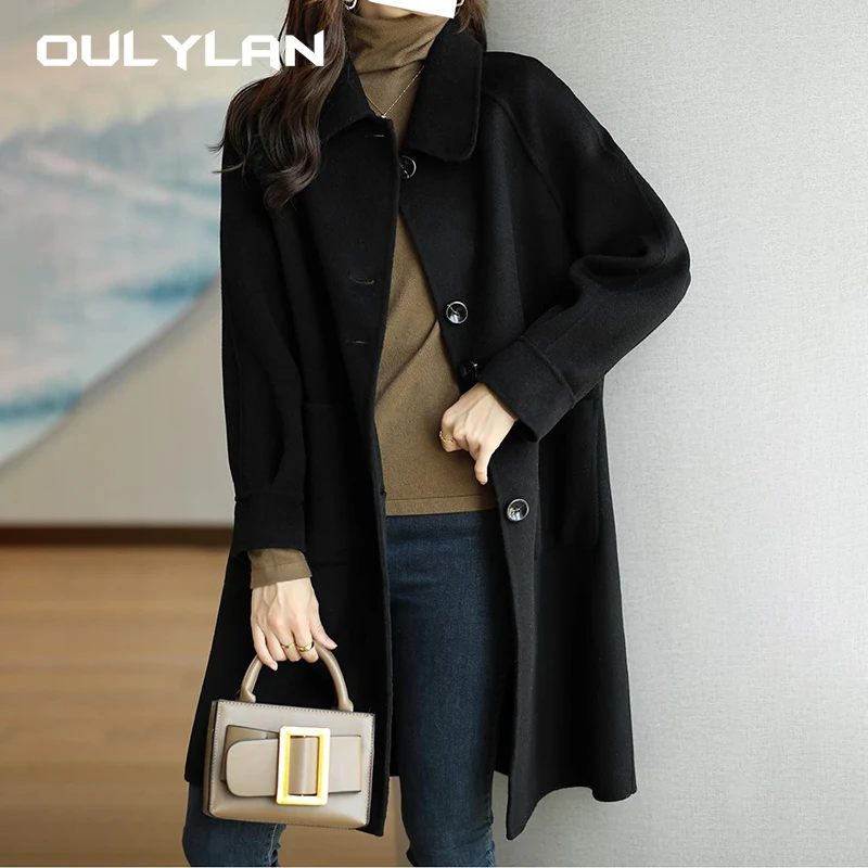 Female\'s Woolen Coats Jackets Lapel Wool Cardigan Long Sleeve Coat For Women 2024 New Ins Casual Commuter Overcoat Streetwear