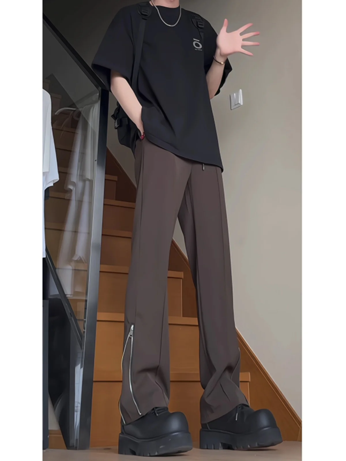 

Coffee Color Ice Silk Men's Straight Leg Pants Summer Thin Hanging Sensation Zipper Design Flared Long Trousers Casual Youth ...