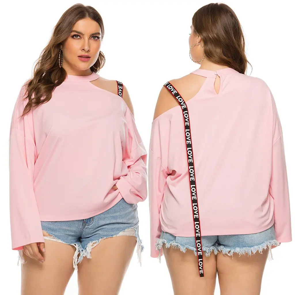 Kaos Wanita Ukuran Besar Model Off-Shoulder Lengan Panjang Warna Polos Trendi Longgar untuk Musim Semi dan Gugur